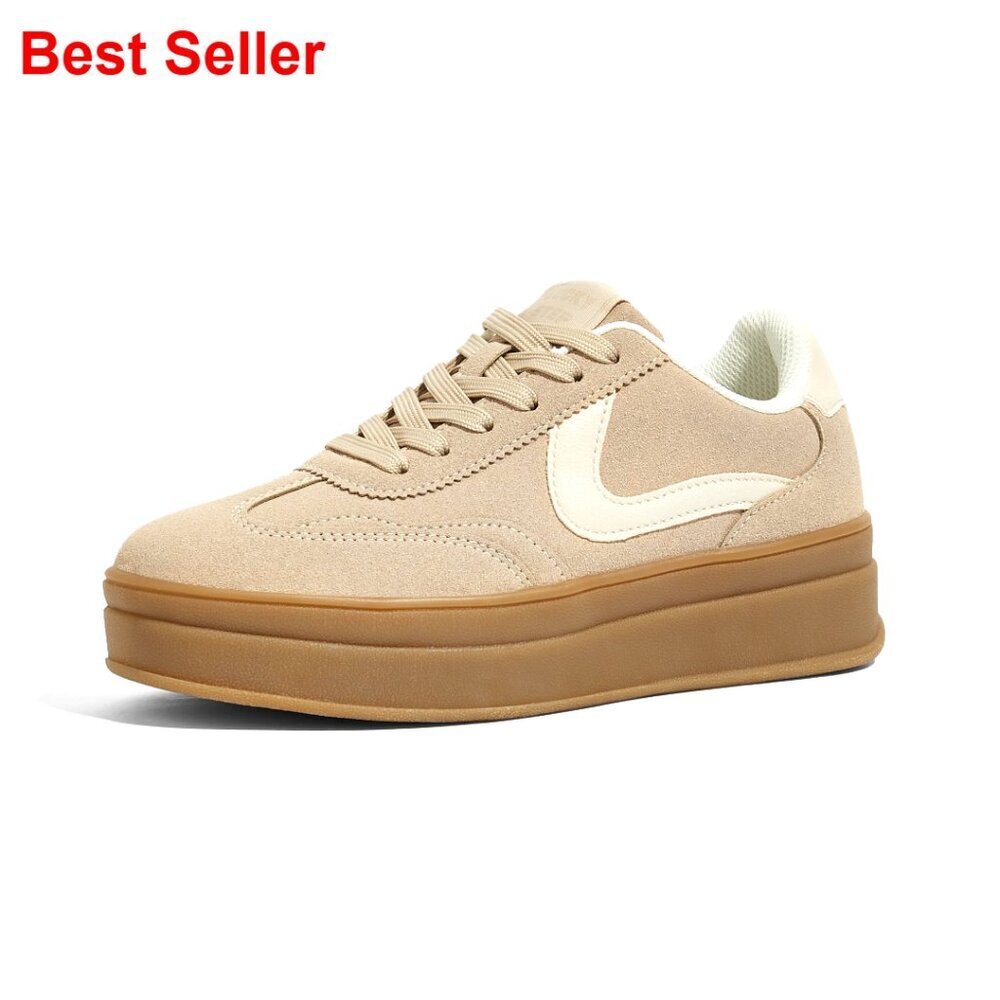Platform Sneakers with Faux PU Leather and Suede, 1.97 Inch Heel